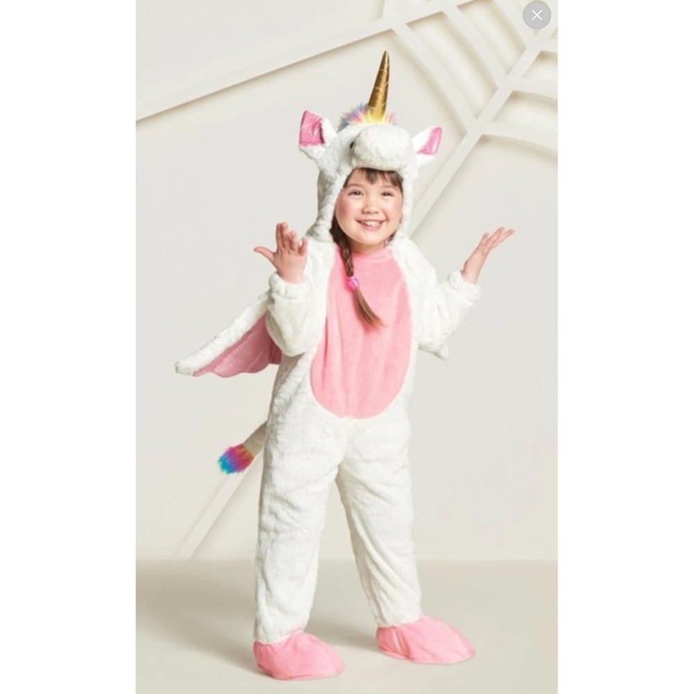 Unbranded Unicorn Costume Kids 4T-5T White Pink Rainbow Wings Plush Hooded